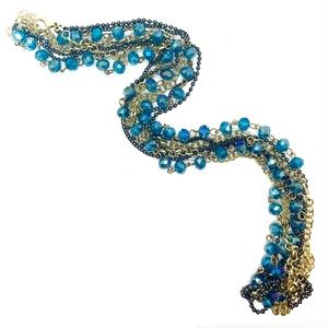 Extra Long Blue-Beaded Gold and Gunmetal Chain Necklace Costume Jewelry